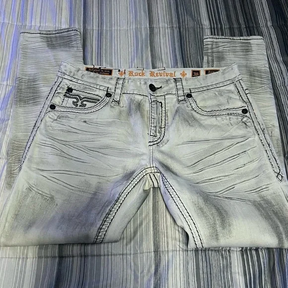 Rock Revival Light Grey Slim Straight Jeans with Embroidered Flame Pockets - Picture 2 of 2